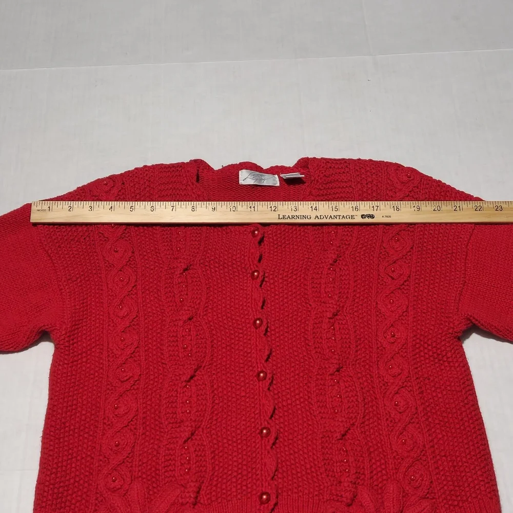 Vtg Red Cable Knit Heavy Cardigan Beaded Floral Academia Button Closure Medium